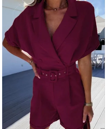 Kadın Ceket Yaka Pileli Kemer Dahil şort Tulum