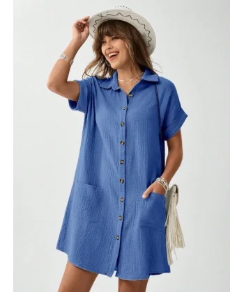 Kadın Cep Detay Müslin Kumaş Mini Gömlek Elbise