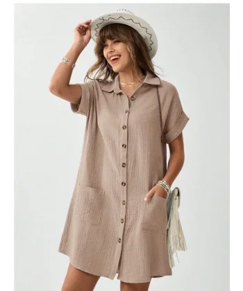 Kadın Cep Detay Müslin Kumaş Mini Gömlek Elbise