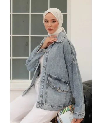 Kadın Cep Detay Taş Işlemeli Kot Ceket