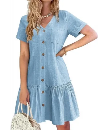 Kadın Cep Detaylı Düğmeli Vıskon Keten Kumaş Elbise