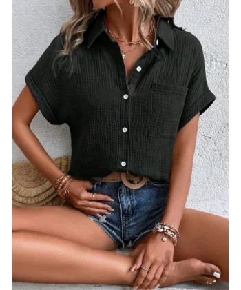 Kadın Cep Detaylı Kısa Kollu Müslin Kumaş Gömlek