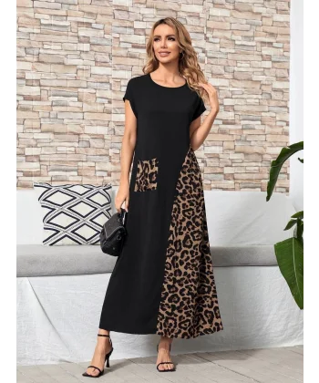 Kadın Cep Detaylı Leopar Garnili Turlu Viskon Kumaş Elbise