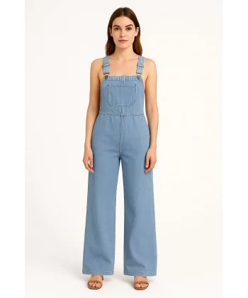 Kadın Chambray Açık Mavi Denim Görünümlü Geniş Paça Salopet Tulum - Mavi