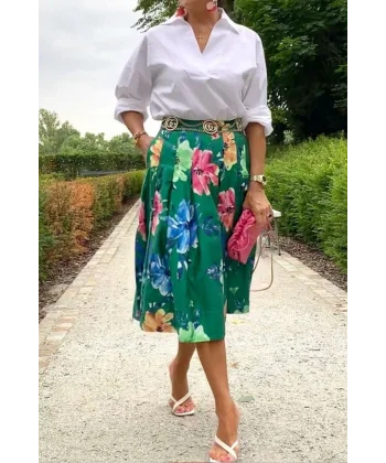 Kadın çiçek Desen Baskılı Pileli Süprem Kumaş Midi Etek (kemersiz)
