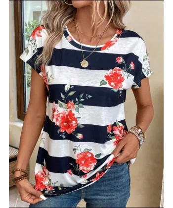 Kadın Çiçek Desenli Yatay Şeritli Bisiklet Yaka Tişört