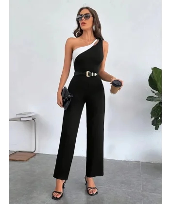 Kadın çift Renkli Tek Omuz Detay Ithal Krep Tulum (kemersiz)