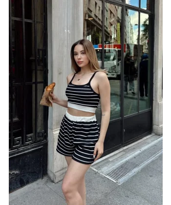 Kadın çixgi Detay Büstiyer Ve şort Ikili Takım