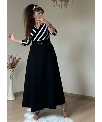 Kadın çizgi Detay Kruvaze Yaka Maxi Boy Triko Elbise