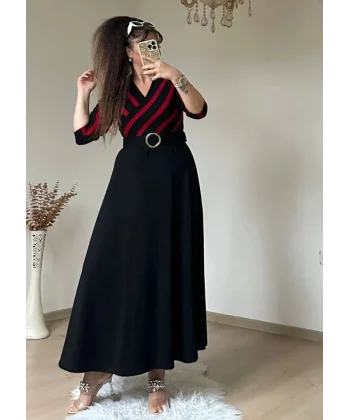 Kadın çizgi Detay Kruvaze Yaka Maxi Boy Triko Elbise