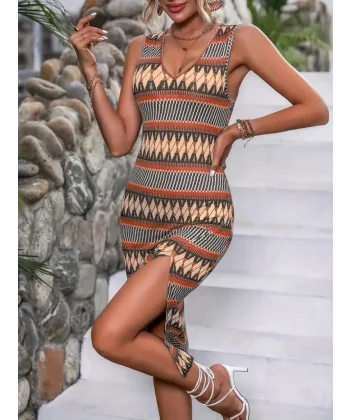 Kadın çok Renkli Yırtmaçlı Dizde Süprem Elbise