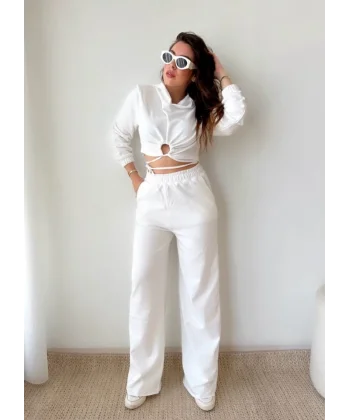 Kadın Crop Bağlama Detaylı Eşofman Takımı