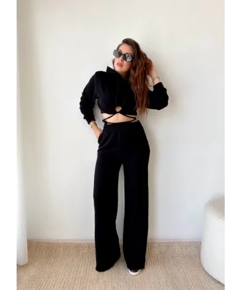 Kadın Crop Bağlama Detaylı Eşofman Takımı