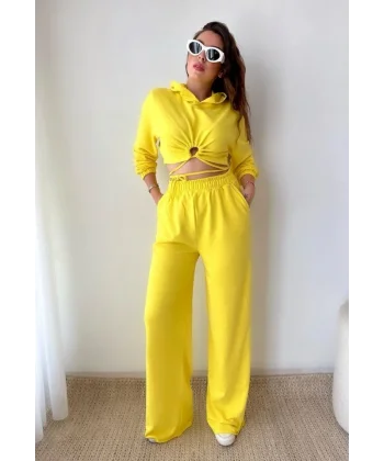 Kadın Crop Bağlama Detaylı Eşofman Takımı