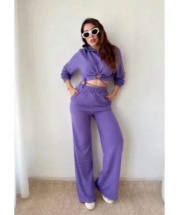 Kadın Crop Bağlama Detaylı Eşofman Takımı