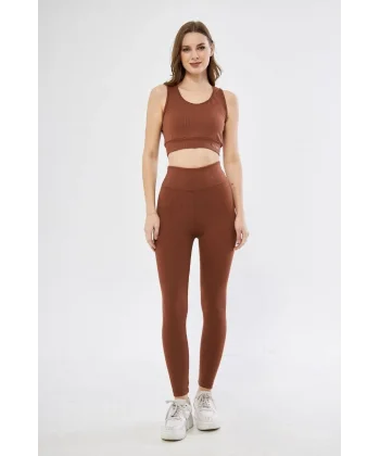 Kadın Crop Tayt İkili Spor Takımı - Kahve