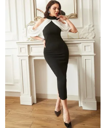 Kadın Daire Yakalı Omuzlardan Kollara Yayılan Kanat Detaylı çift Renkli Uzun Ithal Krep Elbise