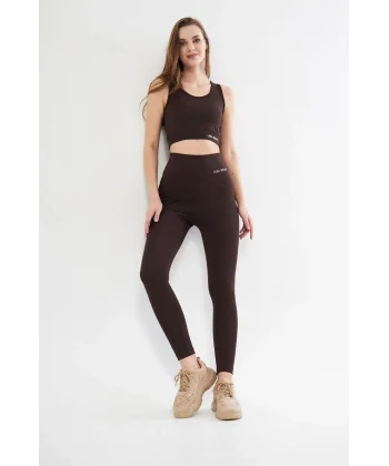 Kadın Dalgıç Croplu Taytlı Takım - Kahve