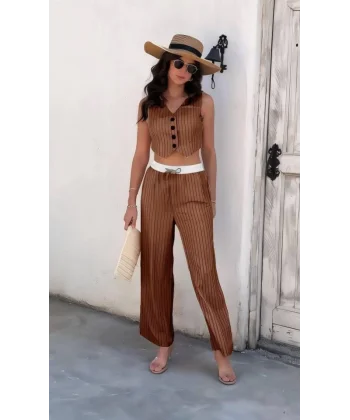 Kadın Dalgıç Krep Düğmeli Yelek Takım