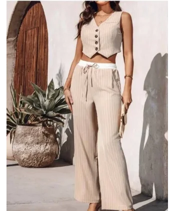 Kadın Dalgıç Krep Düğmeli Yelek Takım