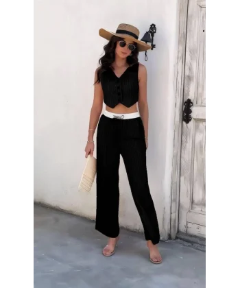 Kadın Dalgıç Krep Düğmeli Yelek Takım