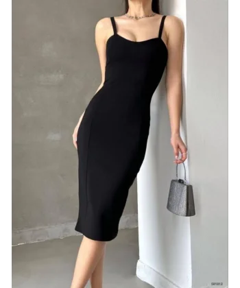 Kadın Dalgıç Krep Kumaş Askılı Midi Boy Elbise