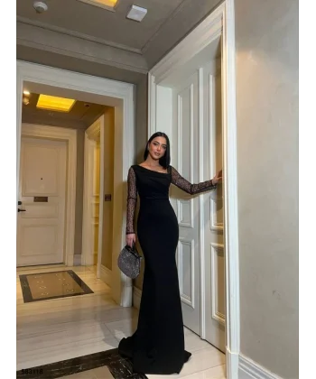 Kadın Dalgıç Krep Kumaş Kolları Tül Ve Taş Detaylı önü Drapeli axi Boy Elbise