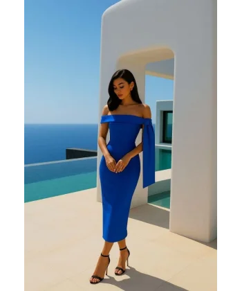 Kadın Dalgıç Krep Kumaş Madonna Yaka Midi Boy Elbise