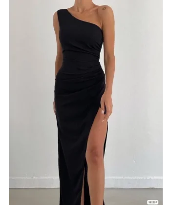 Kadın Dalgıç Krep Kumaş Tek Omuz Yırtmaç Detaylı Maxi Boy Elbise