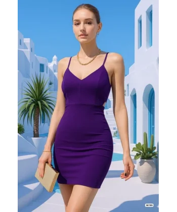 Kadın Dalgıç Krep Kumaş Vücuda Oturan Yanları Açık V Yaka Askılı Mini Elbise