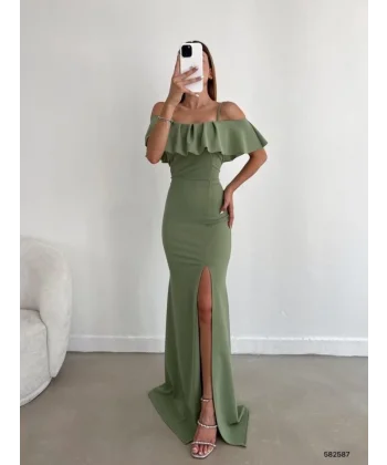 Kadın Dalgıç Krep Yırtmaç Detaylı Askılı Maxi Boy Elbise