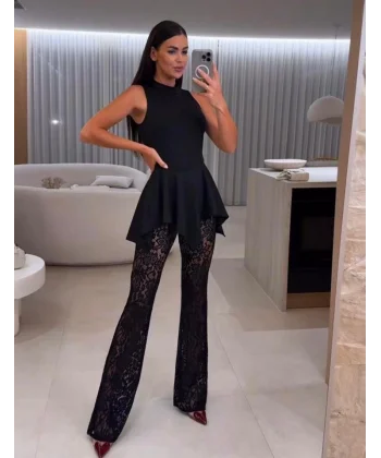 Kadın Dalgıç Kumaş Dantelli Pantolon Takım