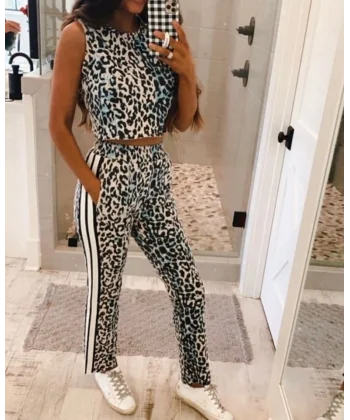 Kadın Dalgıç Kumaş Dijital Leopar Baskılı şerit Detaylı Takım