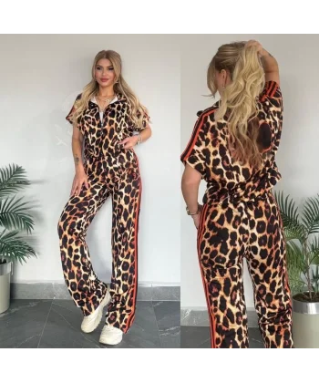 Kadın Dalgıç Kumaş Dijital Leopar Baskılı şerit Detaylı Takım