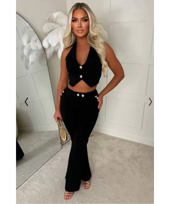 Kadın Dalgıç Kumaş Düğme Detaylı Yelek Pantolon Ikili Takım