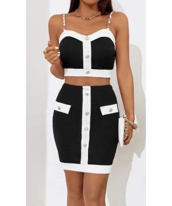 Kadın Dalgıç Kumaş Düğme Ve Zincir Detaylı Ikili Takım