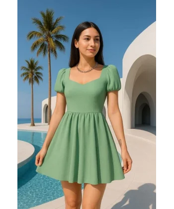 Kadın Dalgıç Kumaş Kalp Yaka Elbise