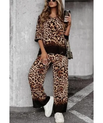 Kadın Dalgıç Kumaş Leopar Desenli Fermuar Detaylı Ikili Tamım