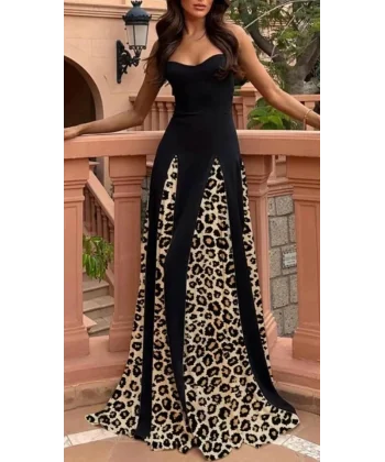 Kadın Dalgıç Kumaş Leopar Desenli Kloş Elbise