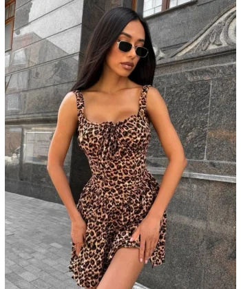 Kadın Dalgıç Kumaş önden Bağlamalı Leopar Desenli Elbise