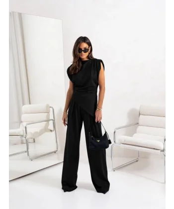 Kadın Dalgıç Kumaş Sıfır Kol Bluz Ve Bol Kesim Pantolon Ikili Takım