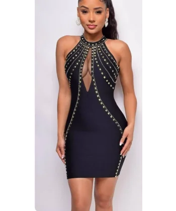 Kadın Dalgıç Kumaş Taş Detaylı Mini Boy Elbise