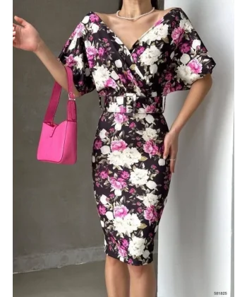 Kadın Dalgıç Kumaş V Yaka çiçek Desenli Kuşaklı Kalem Elbise