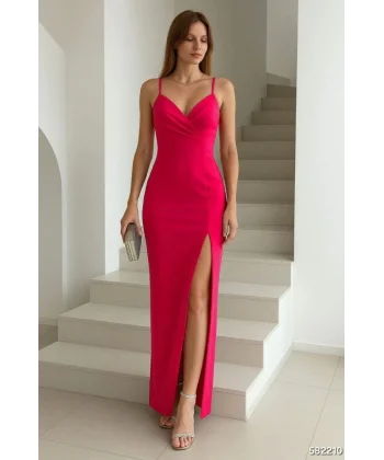 Kadın Dalgıç Kumaş V Yaka Yırtmaç Detaylı Maxi Boy Elbise