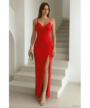 Kadın Dalgıç Kumaş V Yaka Yırtmaç Detaylı Maxi Boy Elbise