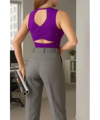 Kadın Damla Sırt Dekolte Çapraz Detay Kolsuz Triko Bluz