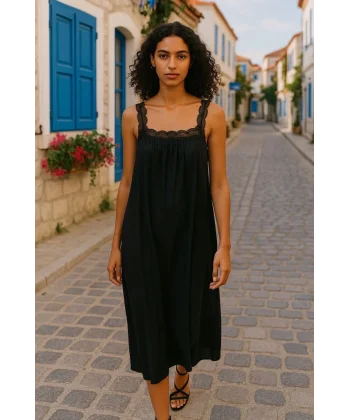 Kadın Dantel Askılı Kare Yakalı Uzun Viskon Elbise