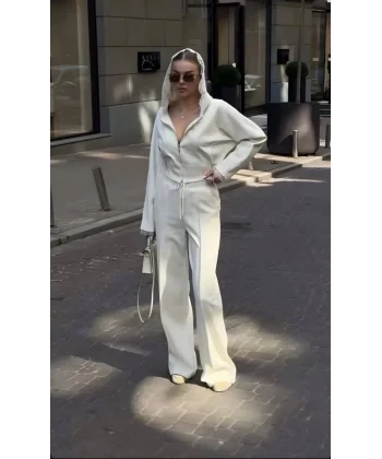 Kadın Dantel Işlemeli Kapüşon Detay Hırka Ve Ispanyol Paça Pantolon Ikili Takım