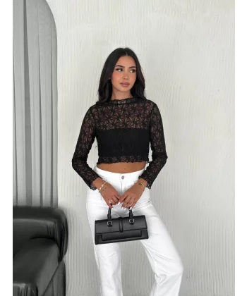 Kadın Dantel Uzun Kol Bluz- Siyah