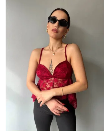 Kadın Dantelli İnce Askılı Sırt Bağlamalı Transparan Bluz